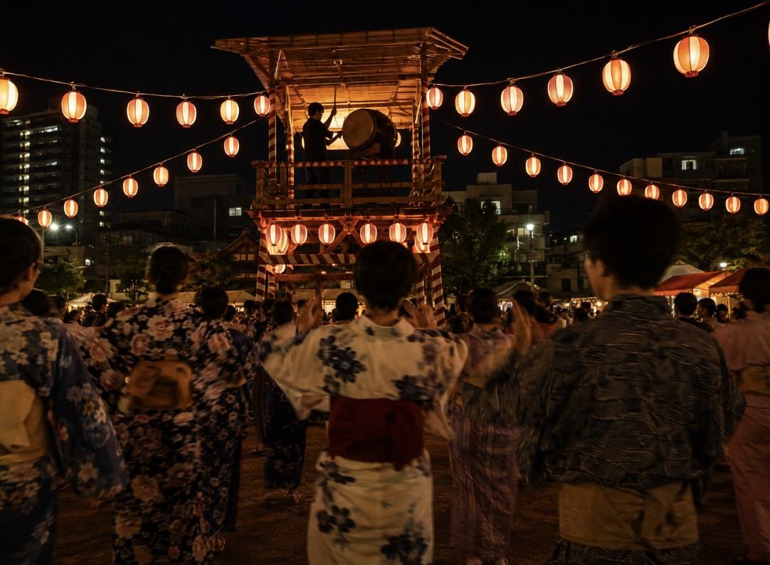 Illustration of a bon-odori festival at night: a yagura tower, strings of lanterns and dancers