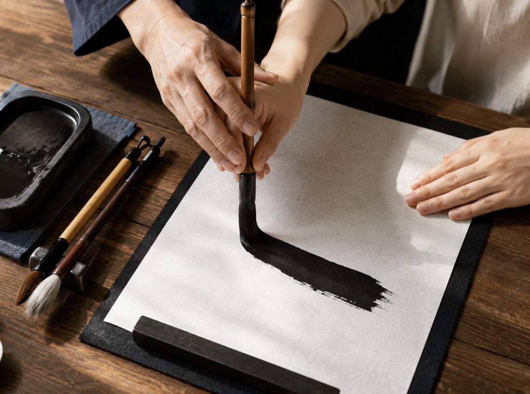 Illustration of a bold ink brush circle, a calligraphy brush and a red seal on washi paper