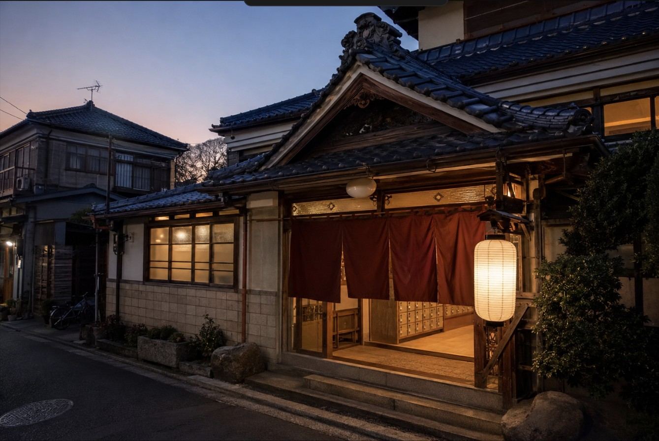 Illustration of a retro Tokyo public bathhouse at dusk with a maroon noren curtain
