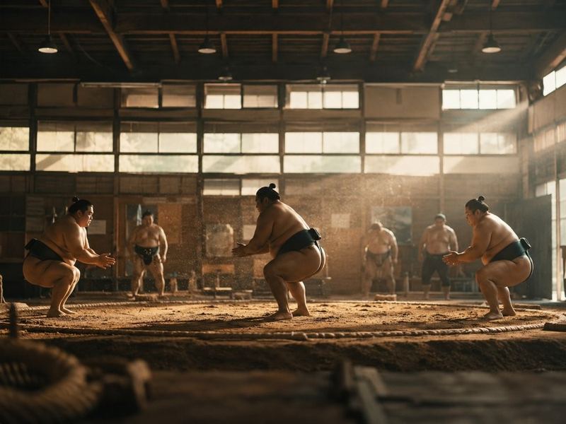 Sumo wrestlers training at morning practice in a Tokyo stable