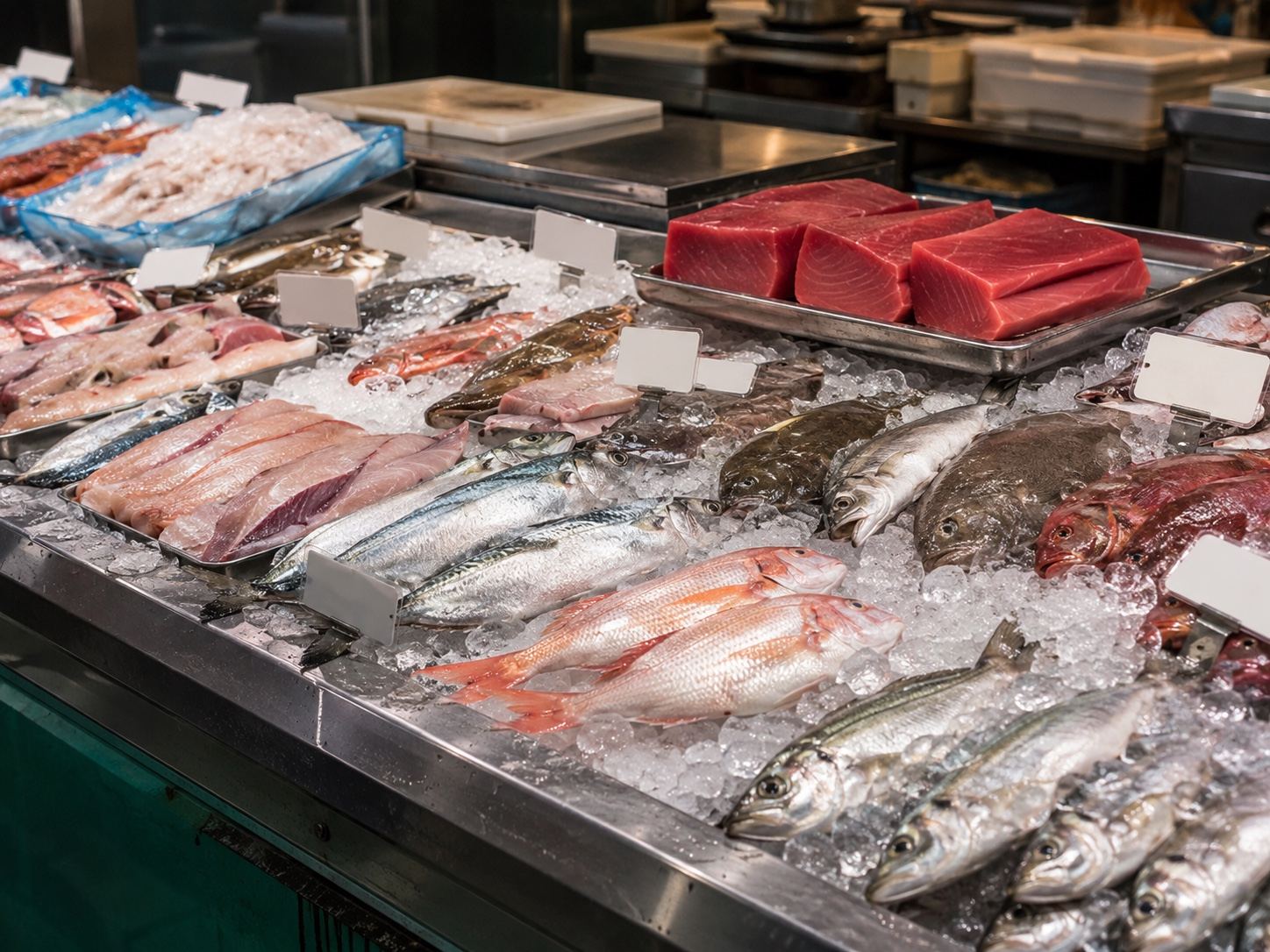 Wholesaler floor of Toyosu fish market with rows of fresh tuna